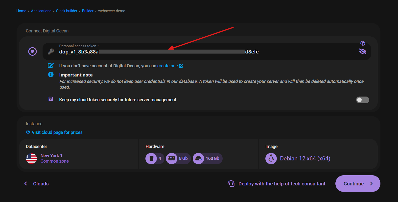 image: Insert you personal token from you obtained at Digital Ocean 
