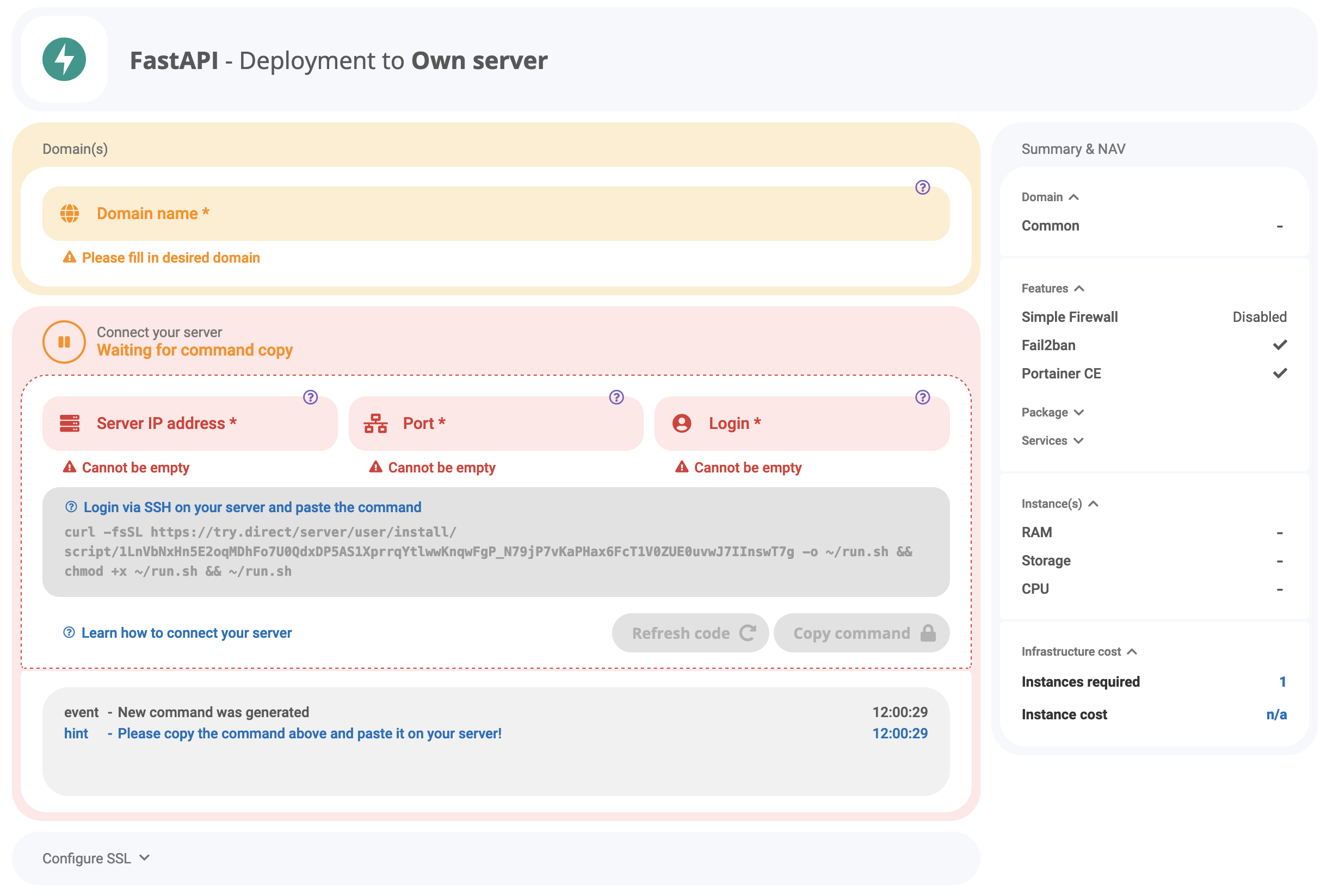 image: Connect your own server via SSH. Deploy FastAPI.