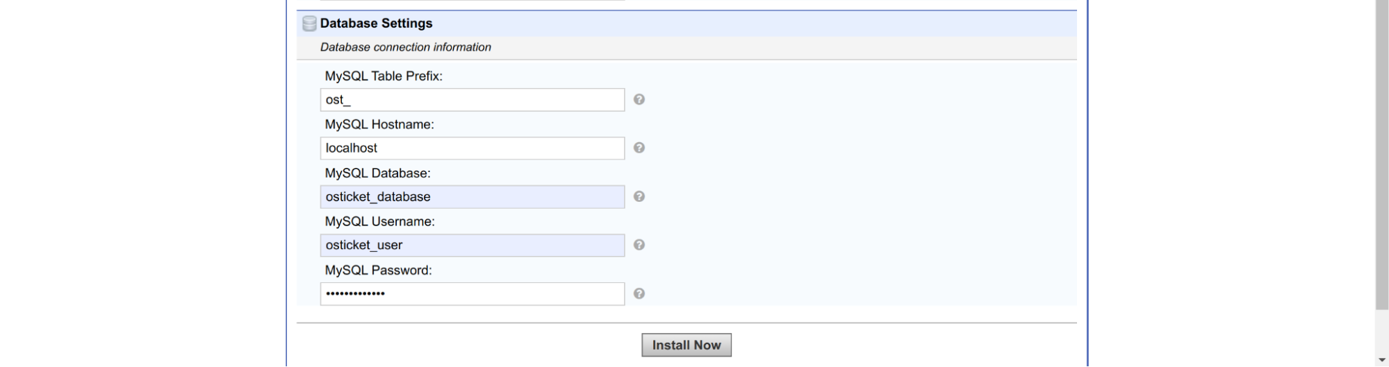 image: osTicket - Installer | DB Settings